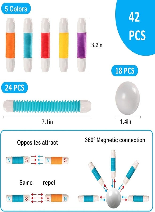 براند كونكور مجموعة مكعبات بناء مغناطيسية مرنة من ماركة كونكر، ألعاب للأطفال، ألعاب للبنات، ألعاب للأولاد، مجموعة ألعاب تعليمية تعليمية STEM، عصي مغناطيسية مع كرات (42 قطعة من العصي المغناطيسية المرنة) - Image 2